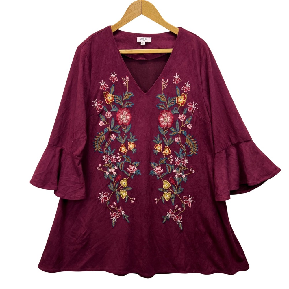 UMGEE Burgundy Embroidered Bell Sleeve V Neck Faux Suede Tunic Top M Floral